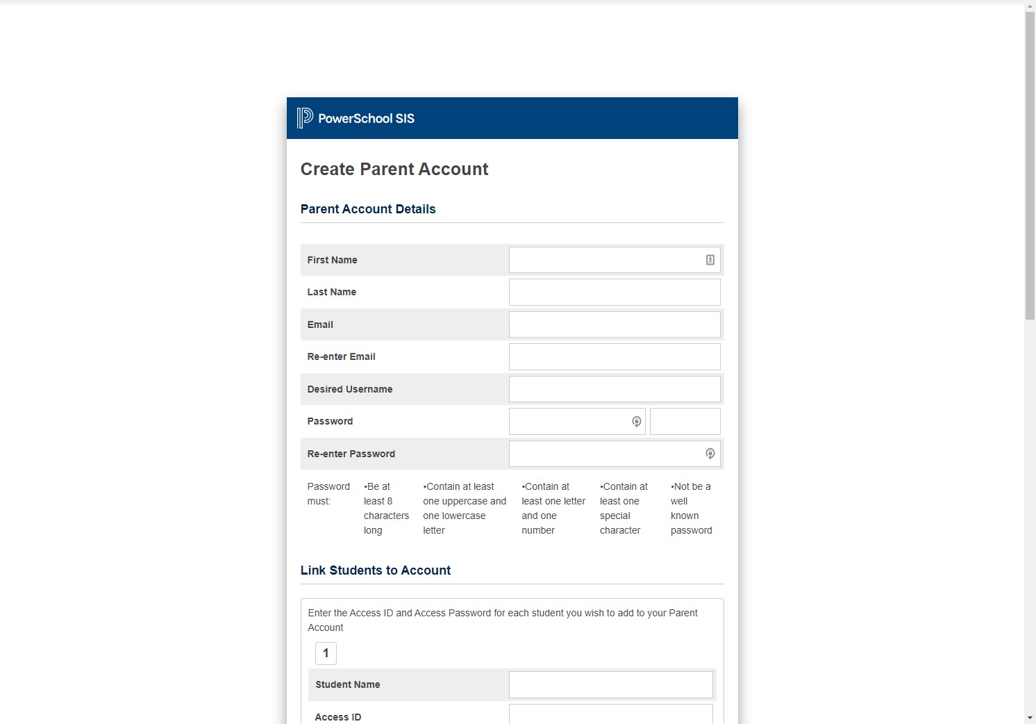 Entering Parent Account Details.