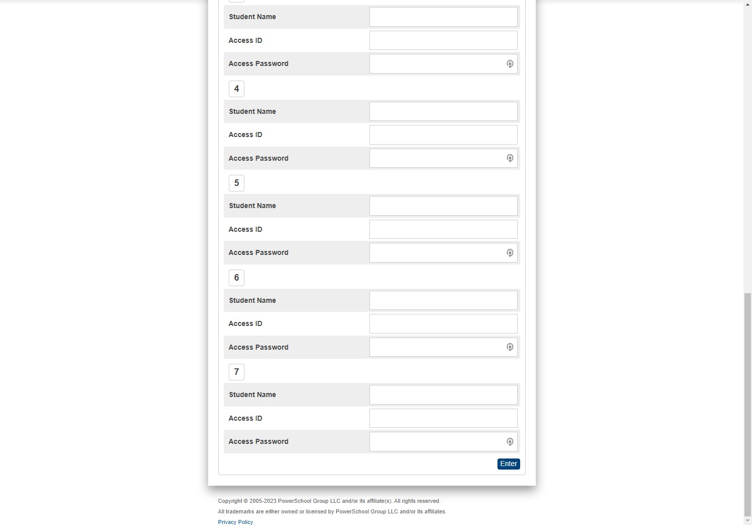 Once all information has been filled in, click the blue 'Enter' button to complete the creation of your PowerSchool Parent Account.