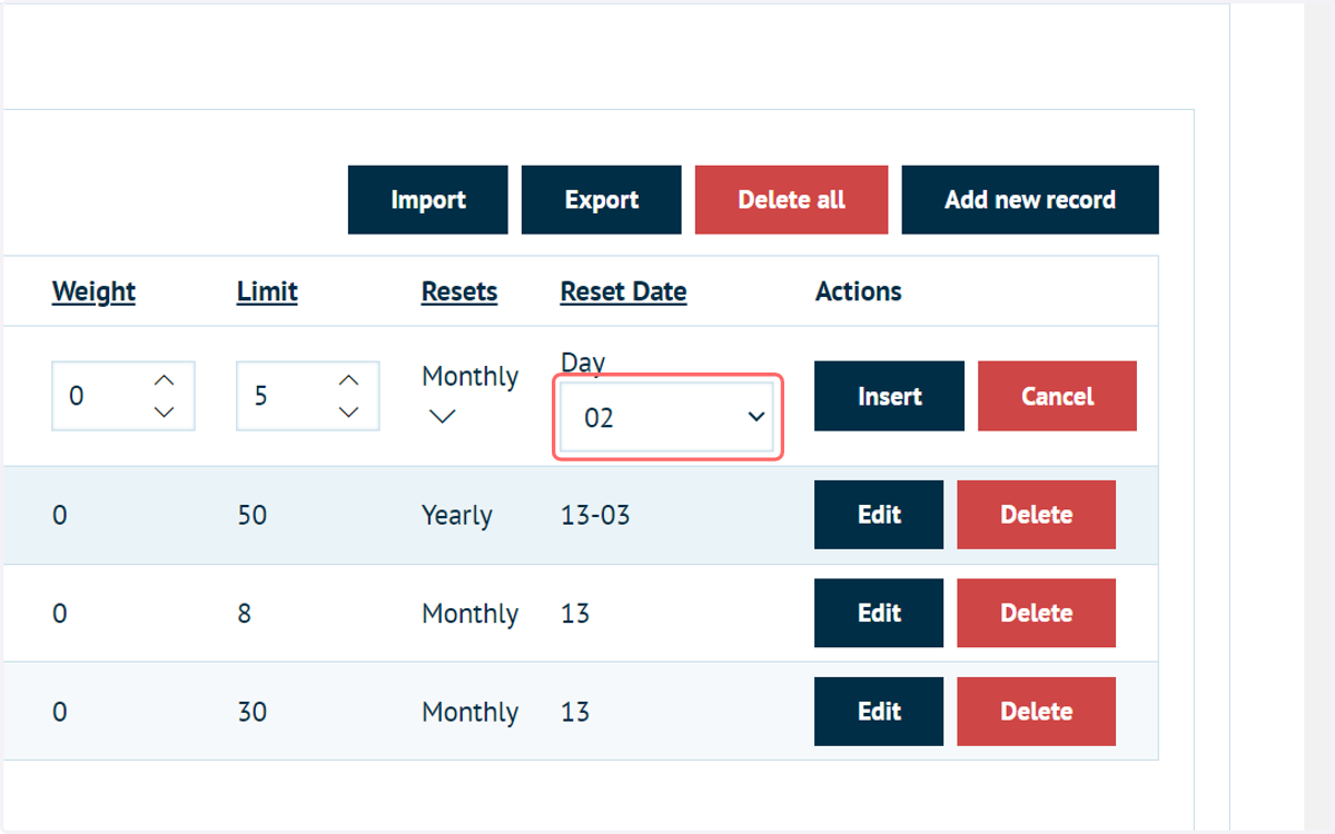 If applicable, specify a reset date
