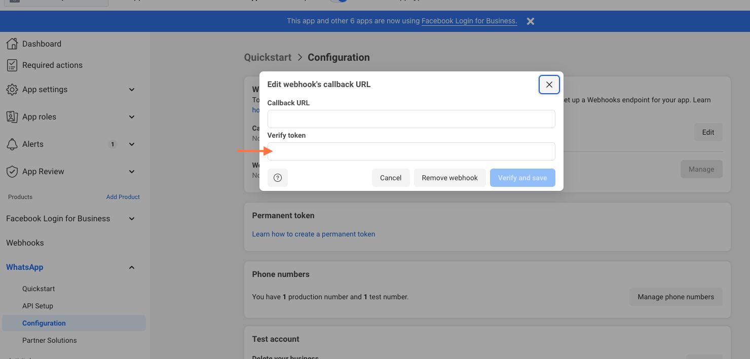 Add "Callback URL" and "Verify token" and press "Verify and Save"