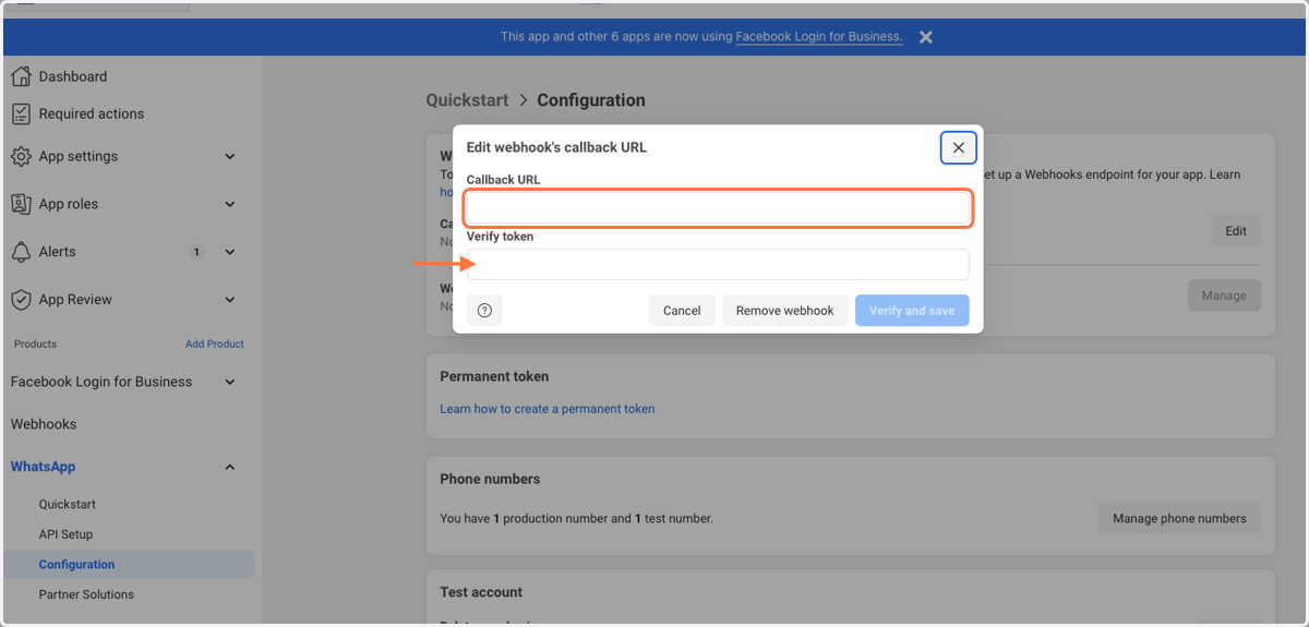Add "Callback URL" and "Verify token" and press "Verify and Save"