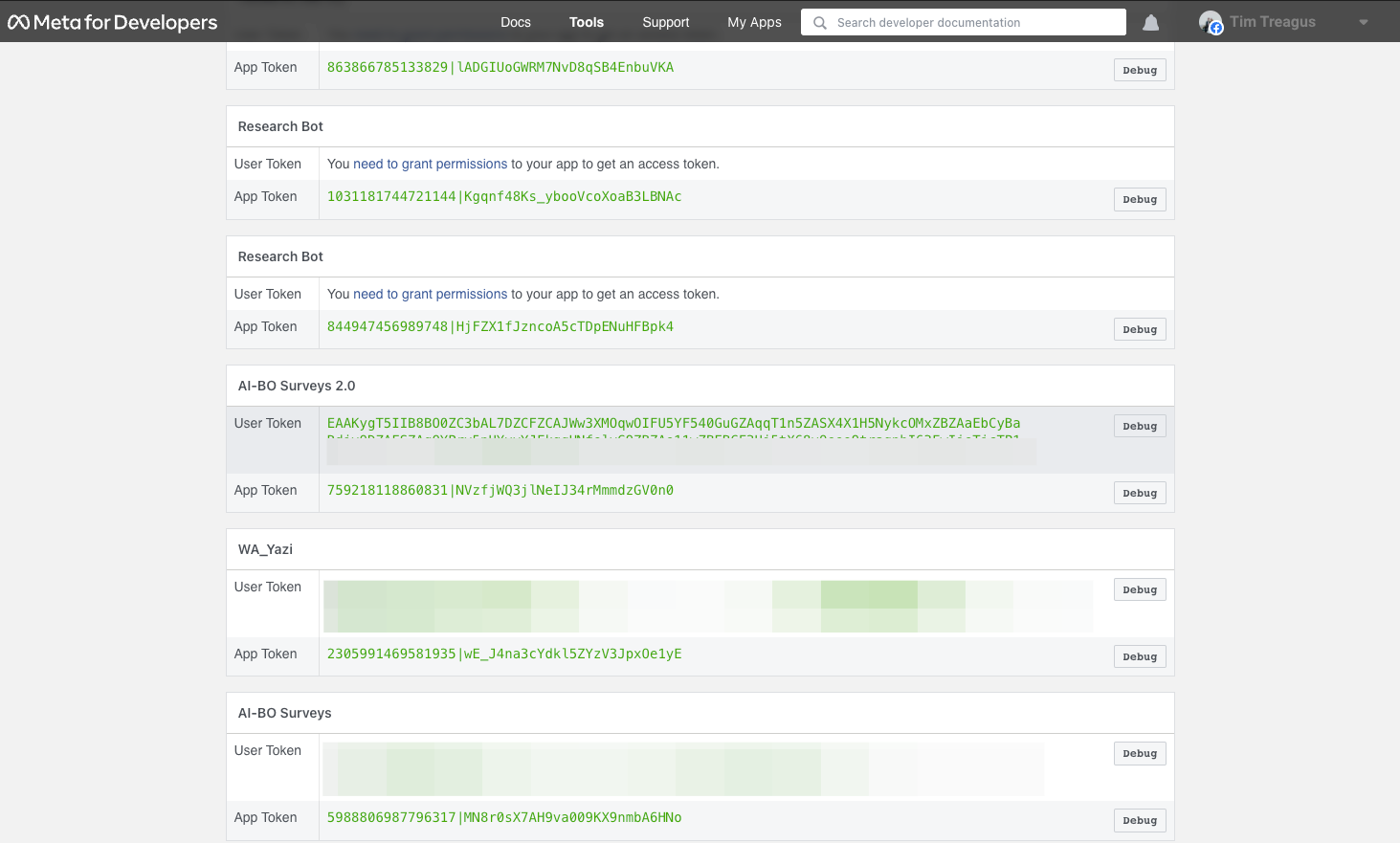 Click "Debug" on the app you want to get the user token from