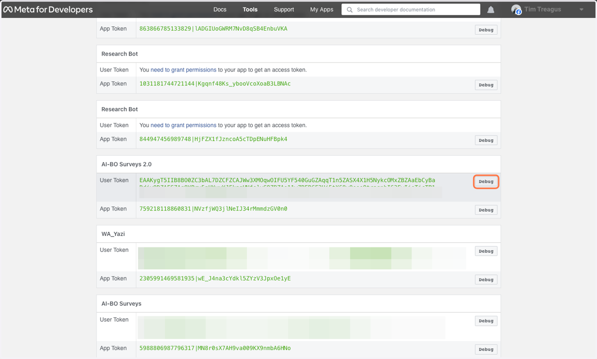 Click "Debug" on the app you want to get the user token from