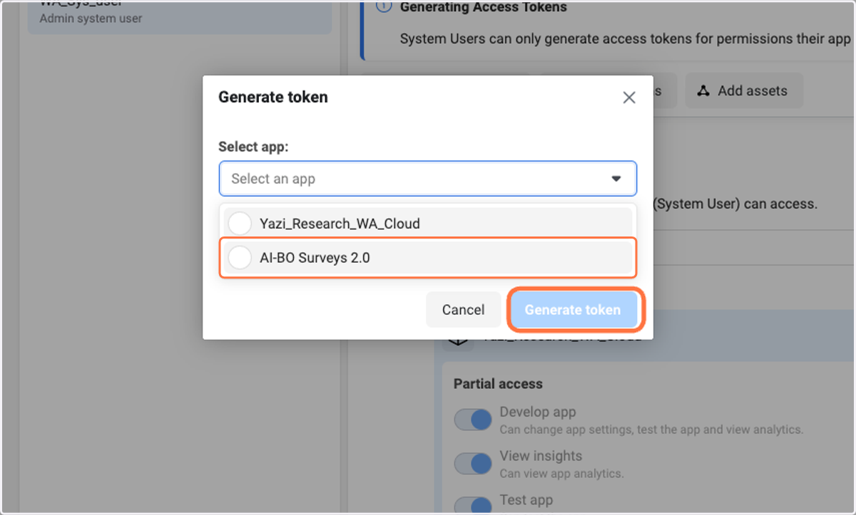 Click on Select an app and select your recently created app and press "Generate token"