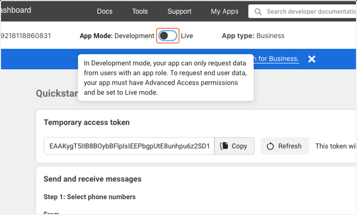 Toggle the app to “Live”. As this is approved, you will normally be upgraded to be able to send 1,000 Template messages per day (1,000 outbound notification messages per 24 hours)