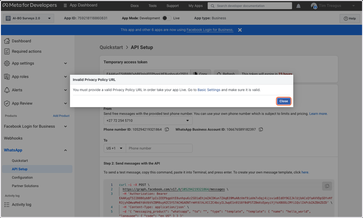 Note: You may need to add your Privacy policy in Basic Settings to be able to do this.