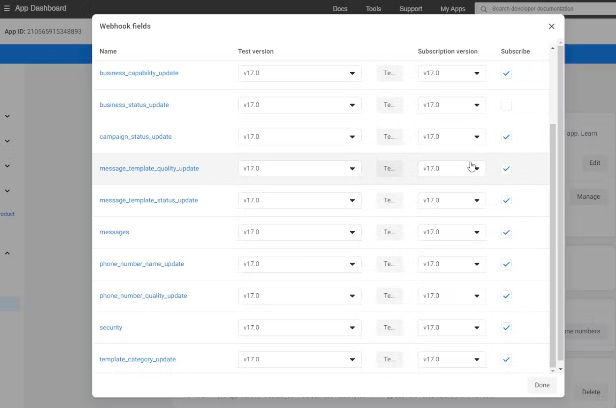 In the “Webhook fields” section directly below, press the “Manage” button 1. Click ALL TICKBOXES in Subscribe. This allows us to track and retrieve the data so make sure to tick every one!