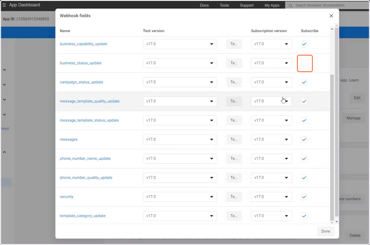 In the “Webhook fields” section directly below, press the “Manage” button 1. Click ALL TICKBOXES in Subscribe. This allows us to track and retrieve the data so make sure to tick every one!