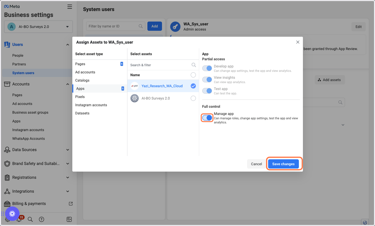 Check Manage app and Save changes