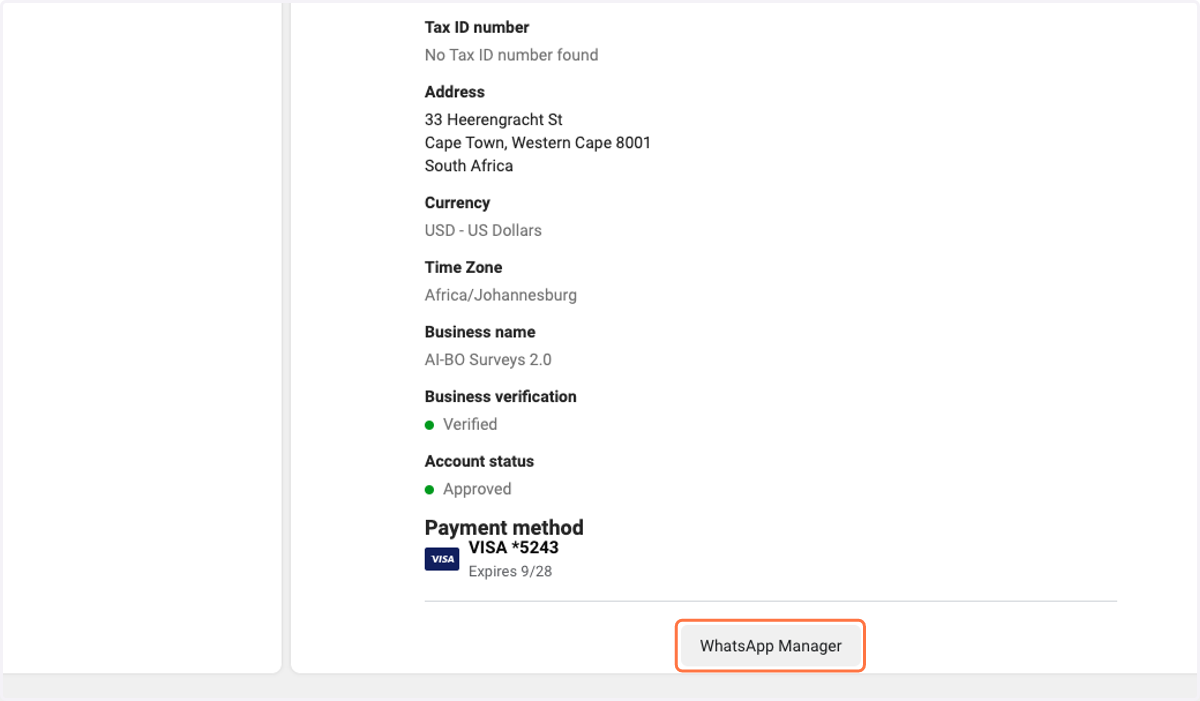 Click on WhatsApp Manager and enter card details there