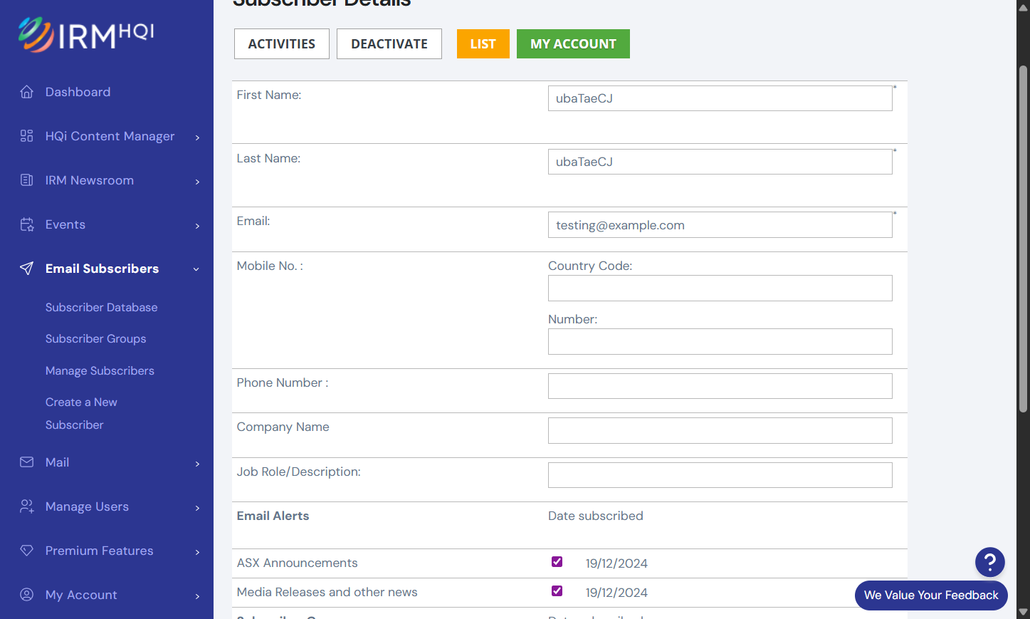 You will then see the following screen, which shows data relating to the subscriber. The information displayed will be the same details added by the subscriber when they registered for Email Alerts.