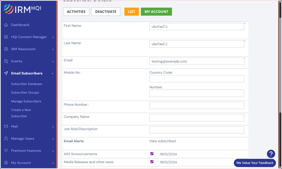 You will then see the following screen, which shows data relating to the subscriber. The information displayed will be the same details added by the subscriber when they registered for Email Alerts.