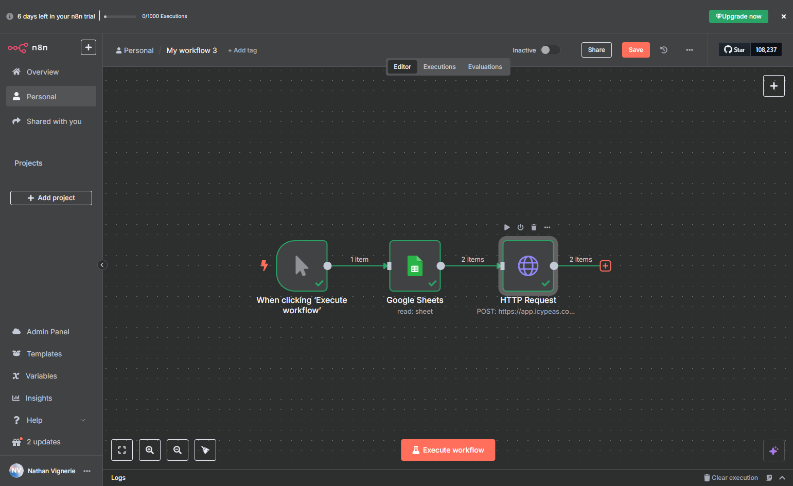 Go back to your workflow and click on "+" to add a new node.