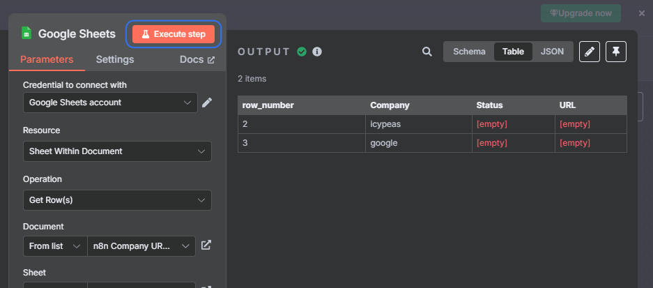 Click on Execute step to test, the result should now appear in the output on the right as shown.