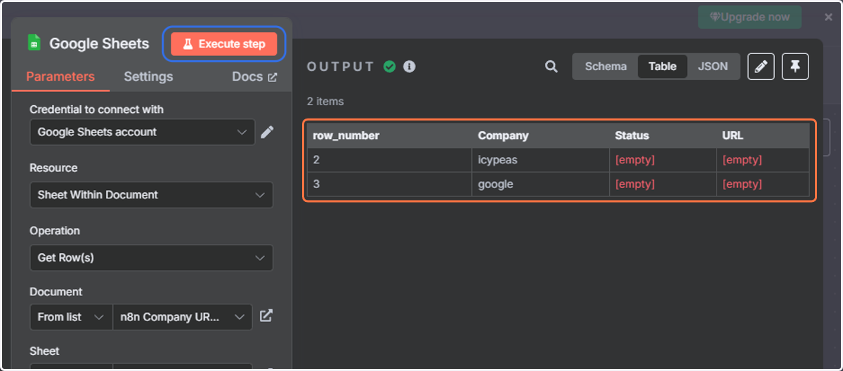 Click on Execute step to test, the result should now appear in the output on the right as shown.
