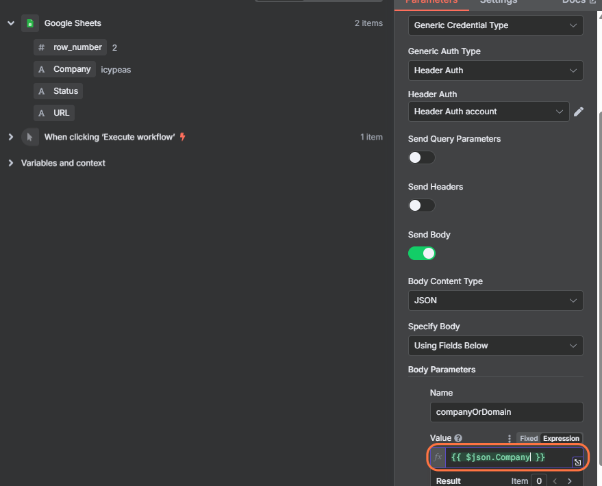 Drag and drop the Company column element (from the left panel) into the Value field. It should display a reference to the email object as shown.