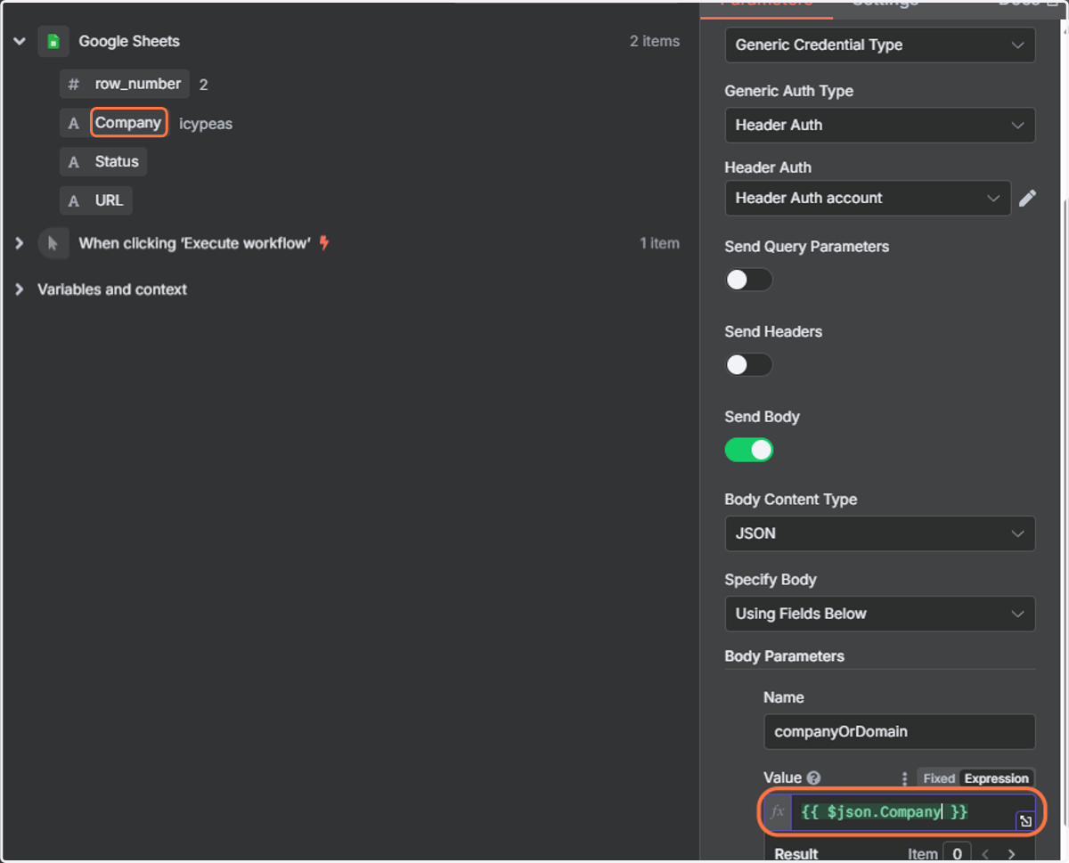 Drag and drop the Company column element (from the left panel) into the Value field. It should display a reference to the email object as shown.