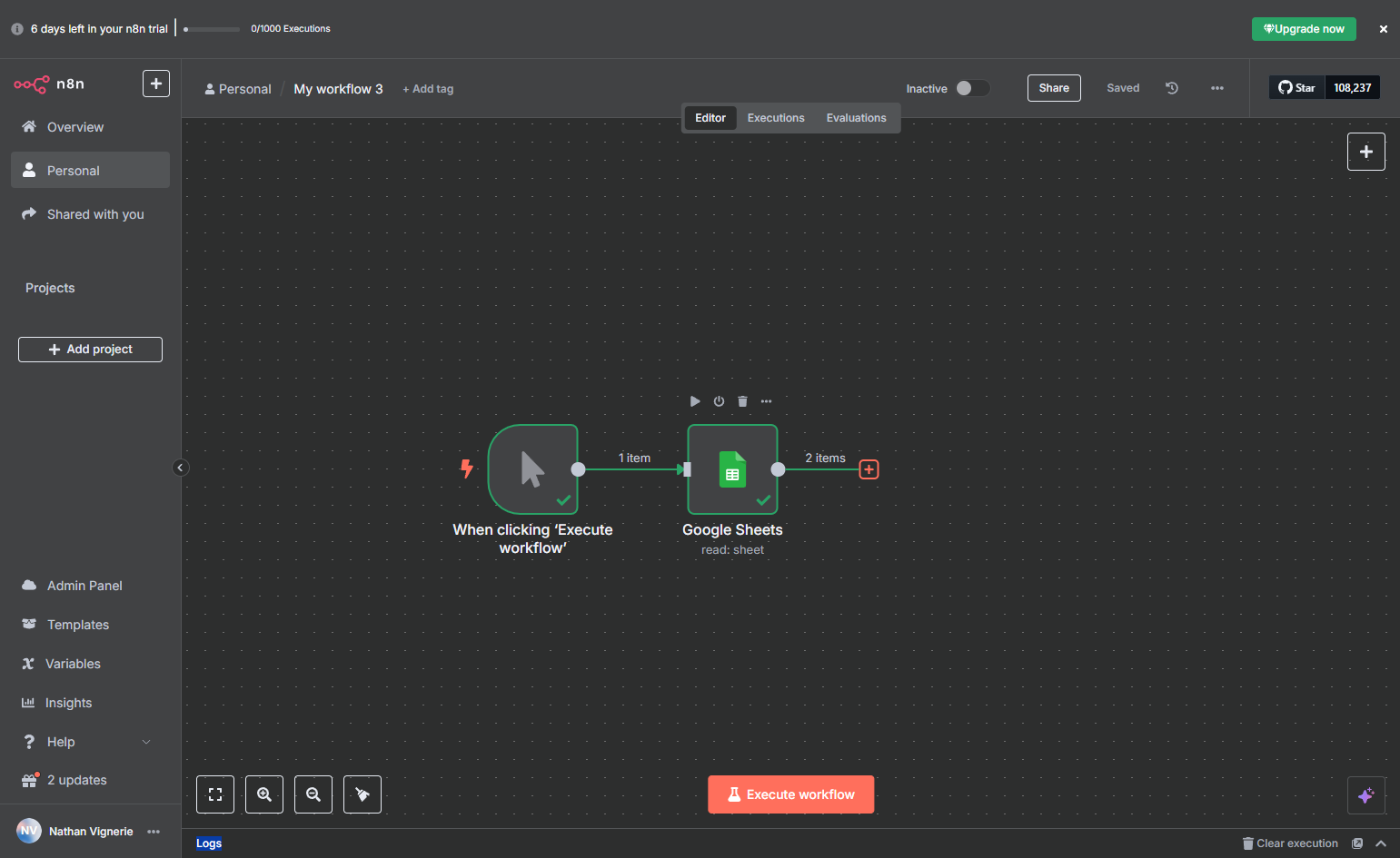 Go back to your workflow and click on "+" to add a new node.