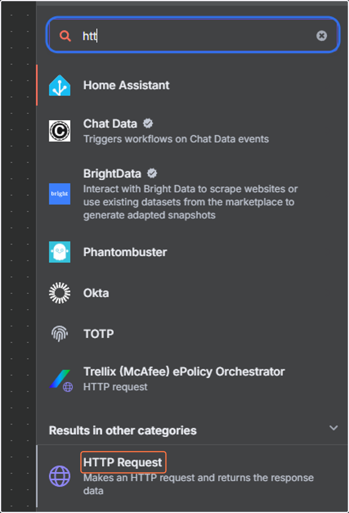 Select "Action in an app" and choose HTTP Request.
