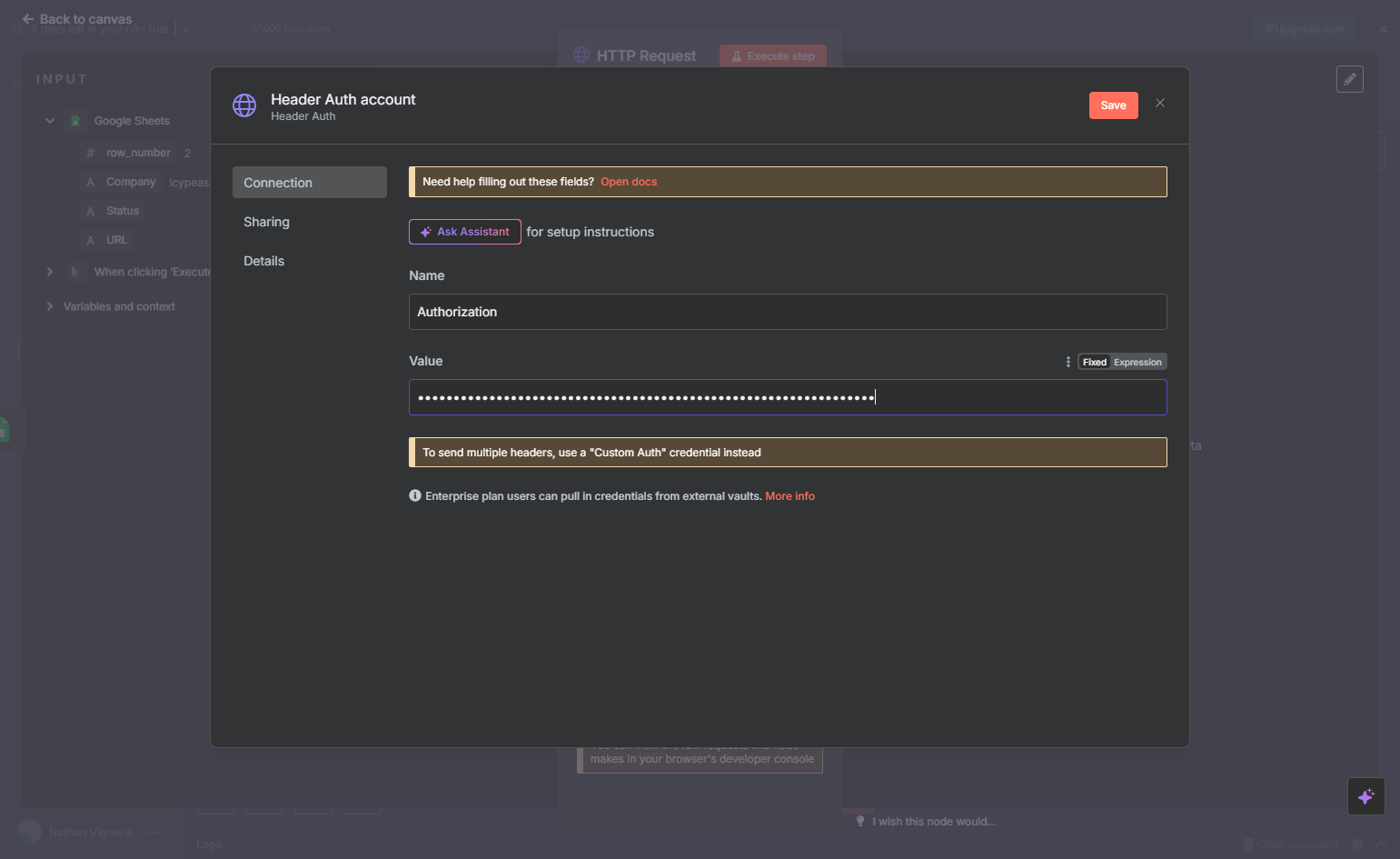 Go back to the n8n tab and paste your API key into the Value field.