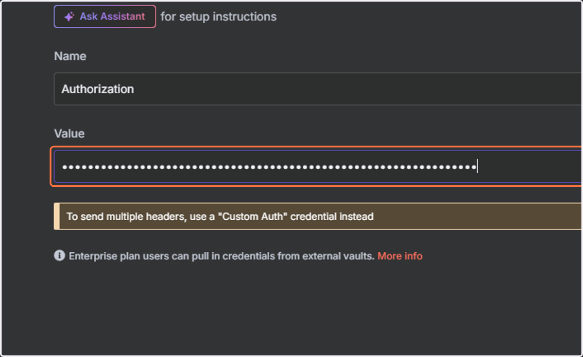 Go back to the n8n tab and paste your API key into the Value field.