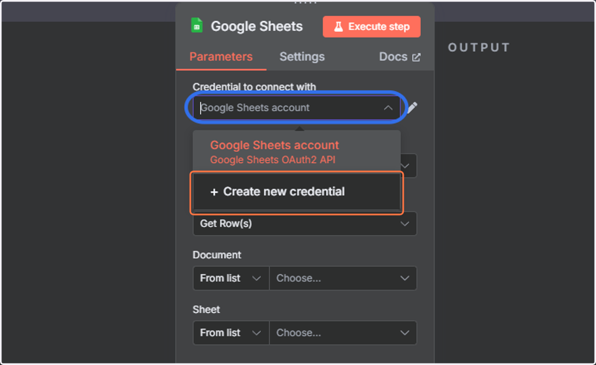 Click on "Google Sheets account", then select "Create new credential", and connect to your Google Account.