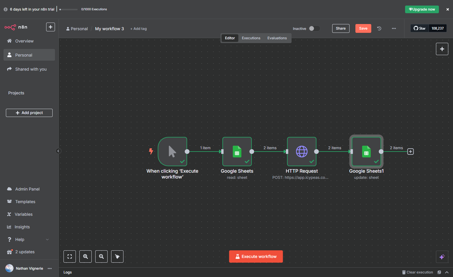 Go back to your workflow and click on Execute workflow.
