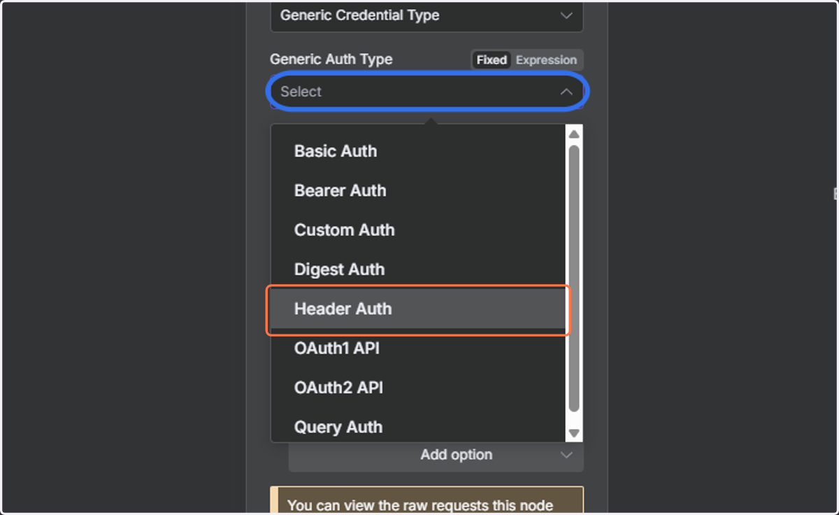 Click on "Select" and choose "Header Auth".