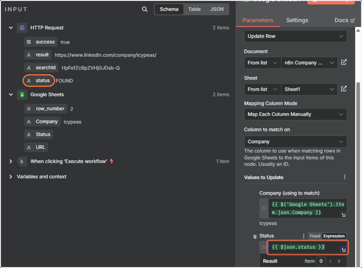 Do the same with the status column element—drag and drop it into the "Status" field.