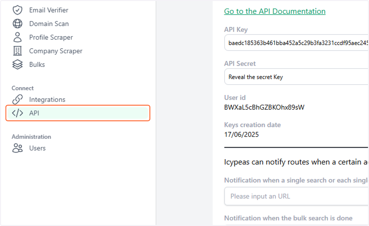 Go to Icypeas.com, sign up or log in, and navigate to the API tab.