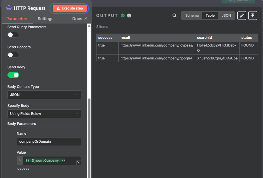Click on Execute step, the result will be displayed on the right.
