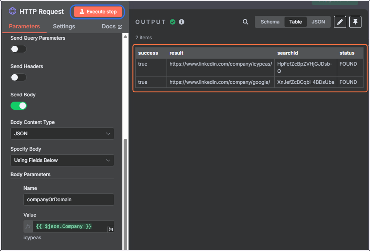 Click on Execute step, the result will be displayed on the right.