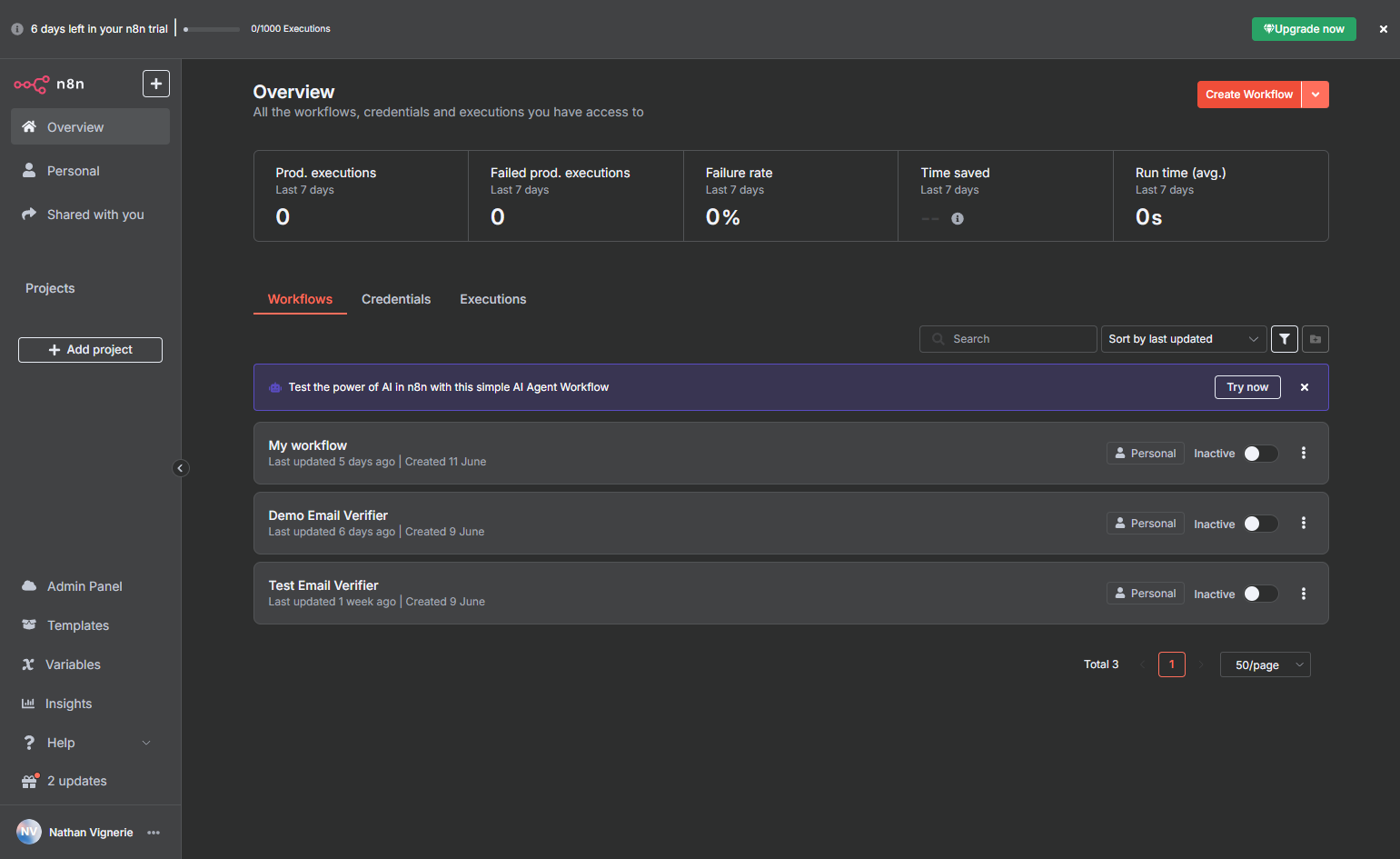 Go to n8n and click on Create Workflow.