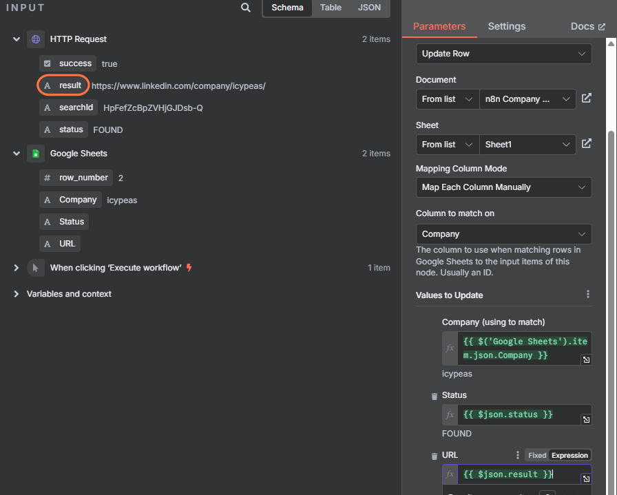 Do the same with the result column element—drag and drop it into the "URL" field.