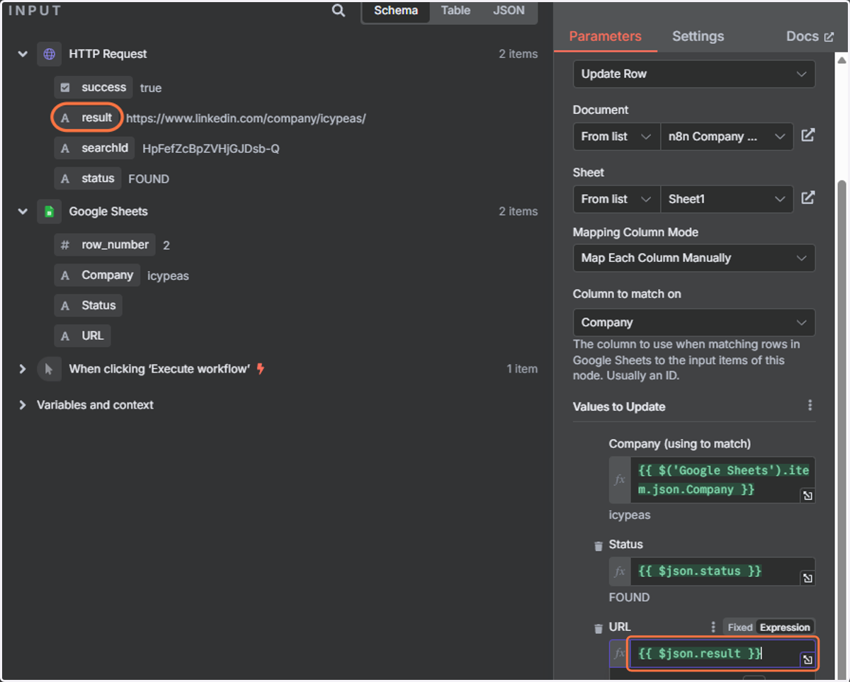 Do the same with the result column element—drag and drop it into the "URL" field.