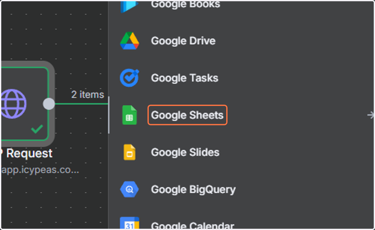 Select "Action in an app" and choose Google Sheets.