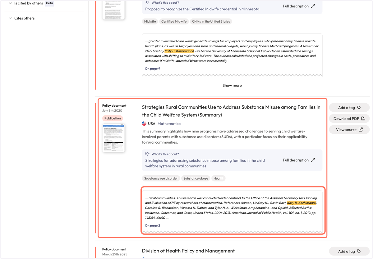 You will be taken to the 'Policy Documents' page, where you can review results where you name was found in the full-text of policy documents.