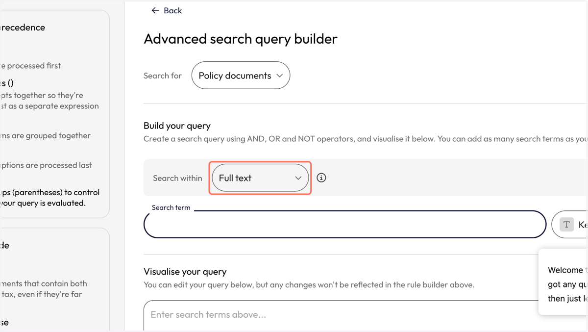 Ensure 'Full text' is selected in the 'Search within' menu