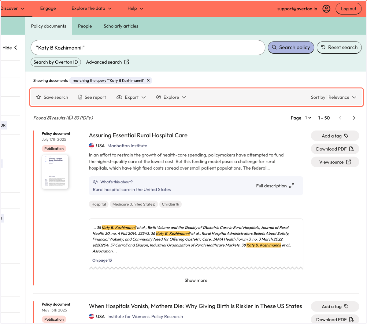 Use the action bar to save a search, generate a summary report, export* or explore further.
