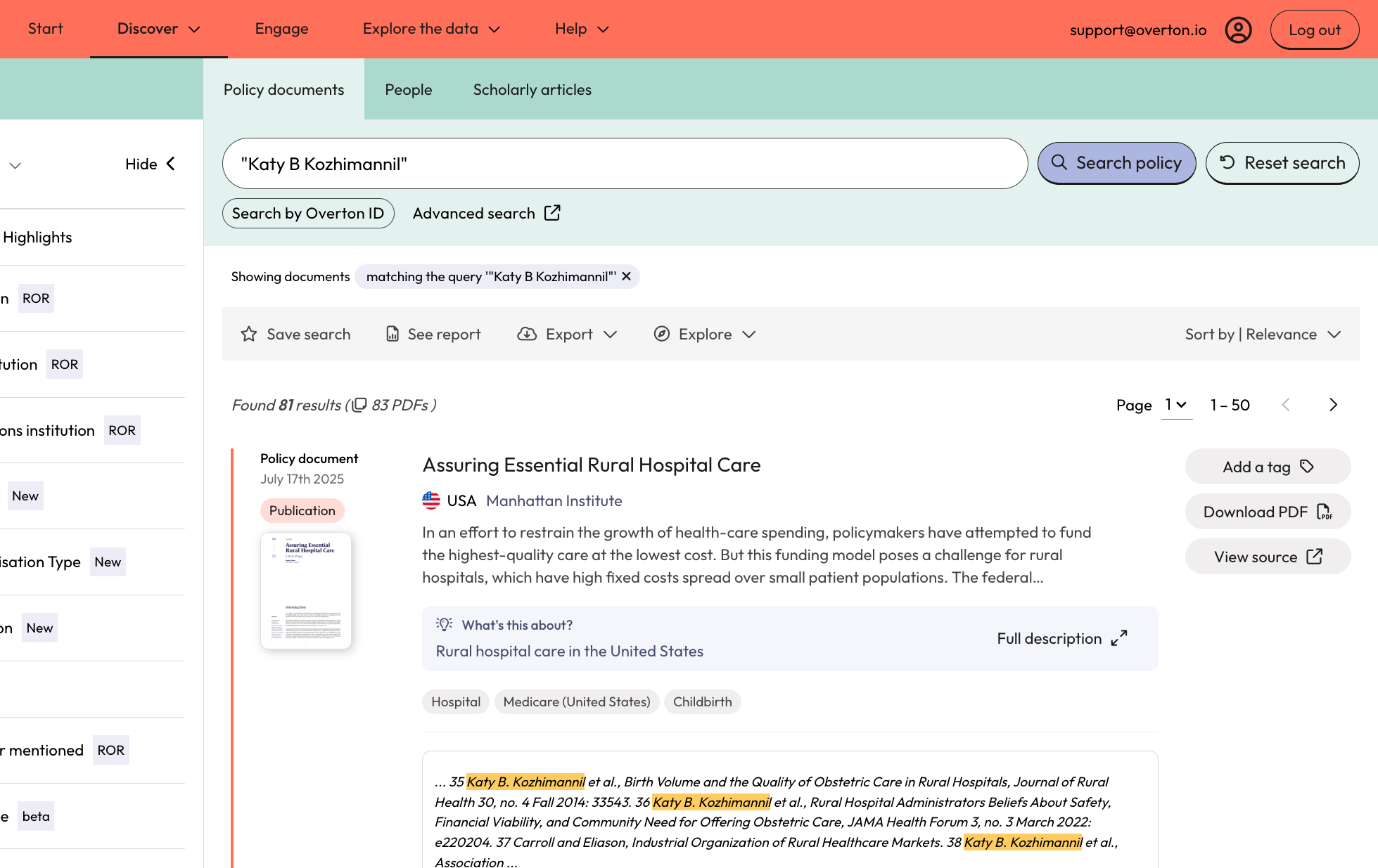 You will be taken to the 'Policy Documents' page, where you can review results where you name was found in the full-text of policy documents.