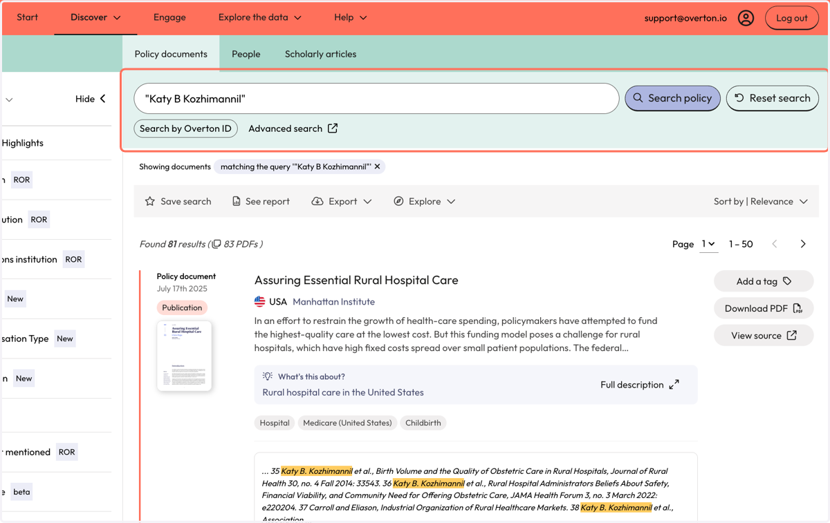 You will be taken to the 'Policy Documents' page, where you can review results where you name was found in the full-text of policy documents.