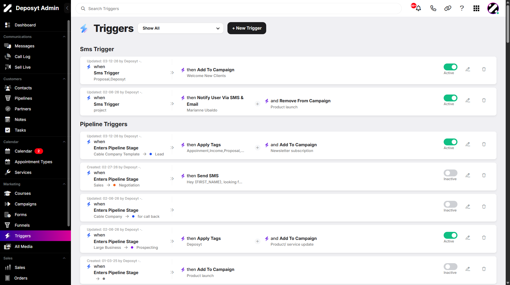 Step 1: On your Dashboard, navigate to the Triggers tab under the Marketing section.