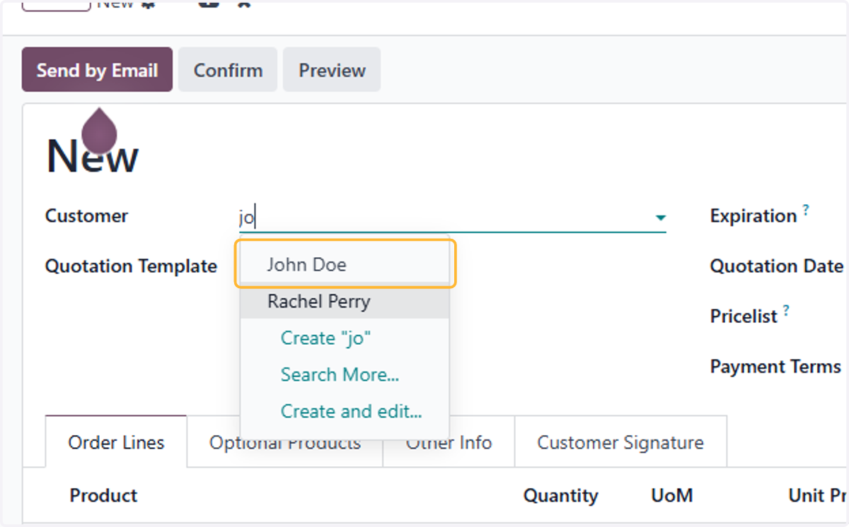 Fill in customer's name. For example John Doe