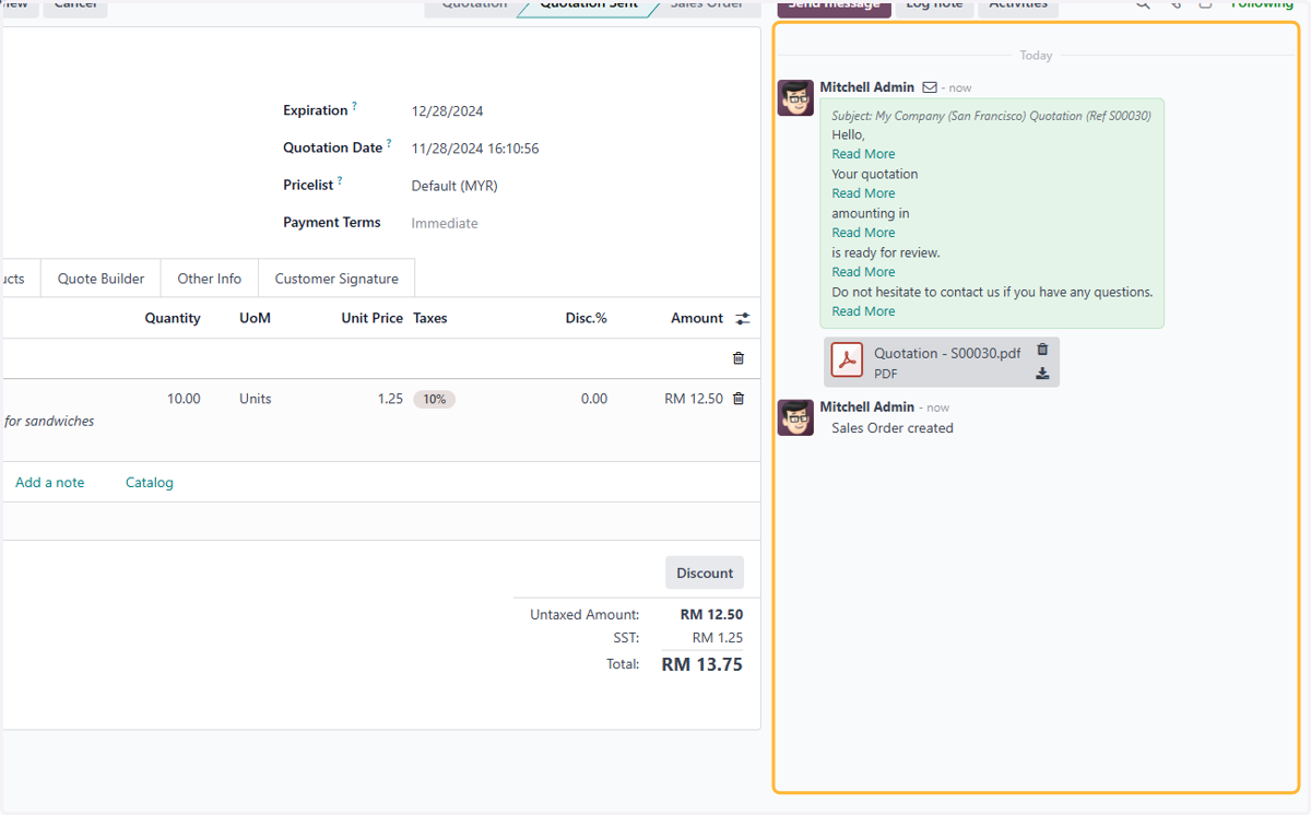 Log of all activities related to this invoice is shown as highlighted.