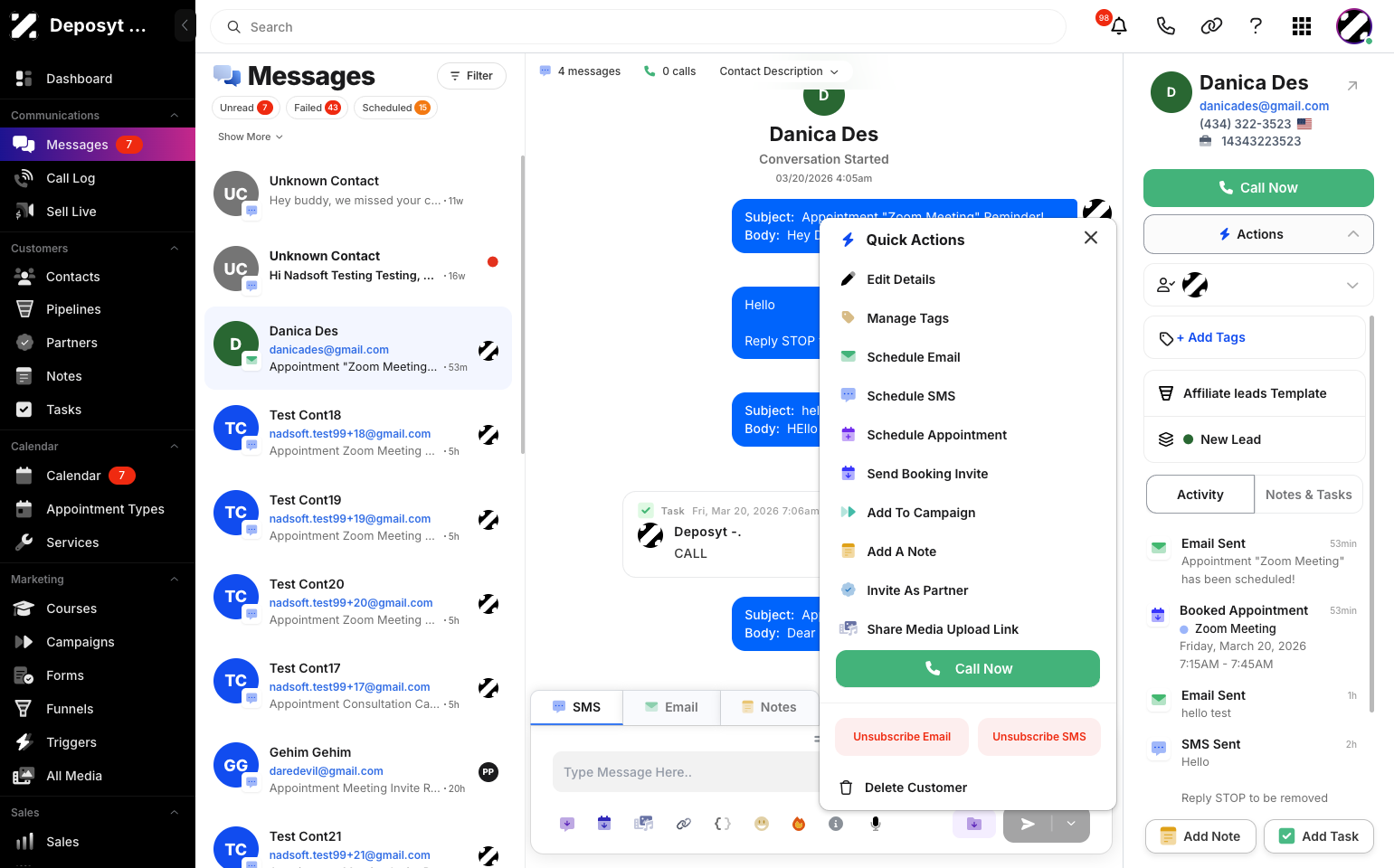 Step 5: From here, you can perform additional actions, including editing contact details, managing tags, scheduling emails or SMS, scheduling appointments, sending booking invites, adding the contact to a campaign, adding a note, inviting the contact as a partner,