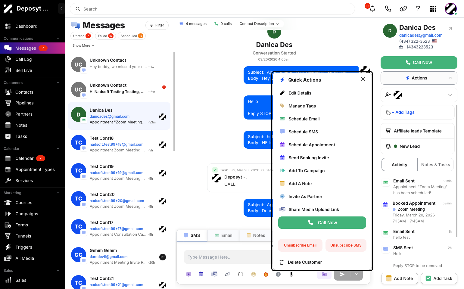 Step 5: From here, you can perform additional actions, including editing contact details, managing tags, scheduling emails or SMS, scheduling appointments, sending booking invites, adding the contact to a campaign, adding a note, inviting the contact as a partner,