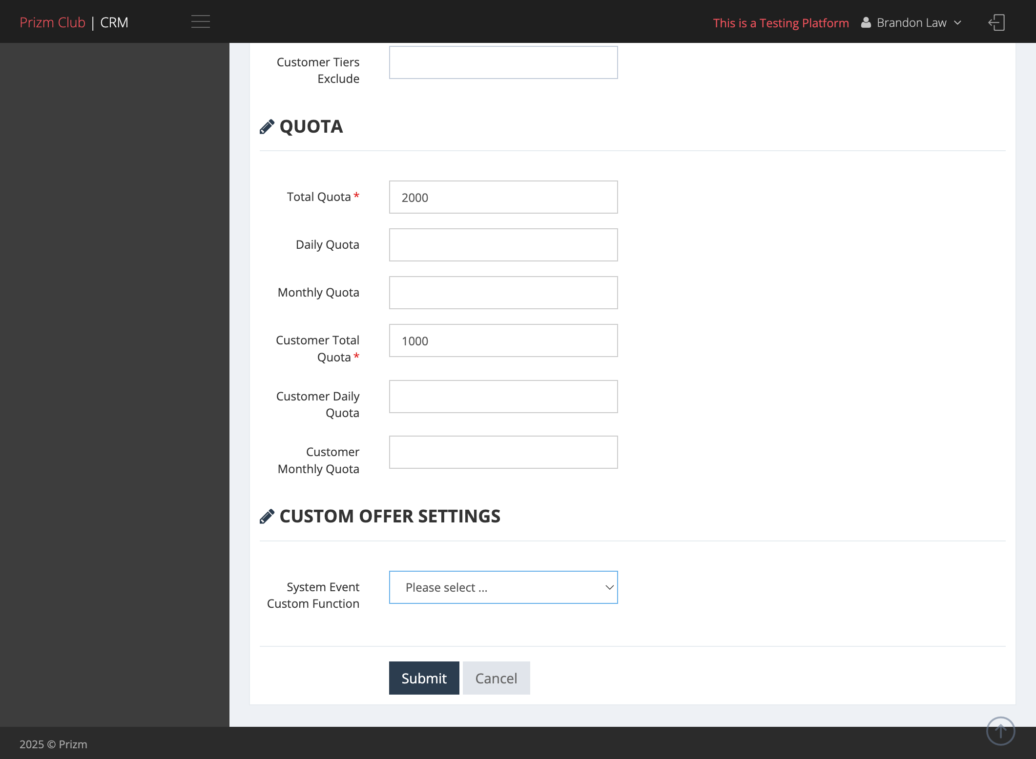Select the System Event Custom Function