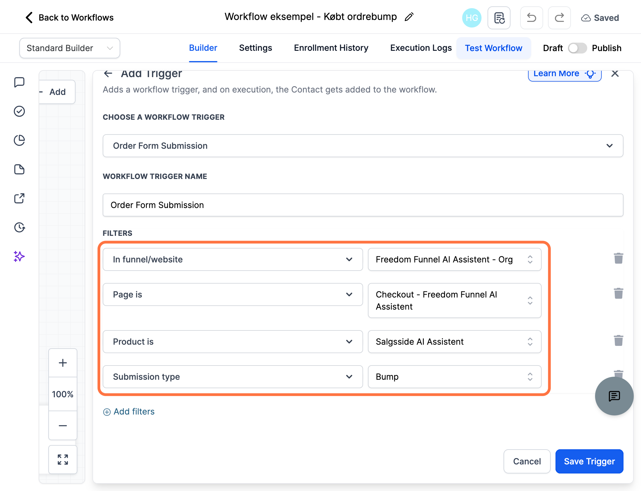 Udfyld hvilken funnel, hvilken side, hvilket produkt dit bump-produkt er tilføjet og vælg Bump som "Submission type" - Klik derefter "Save Trigger"