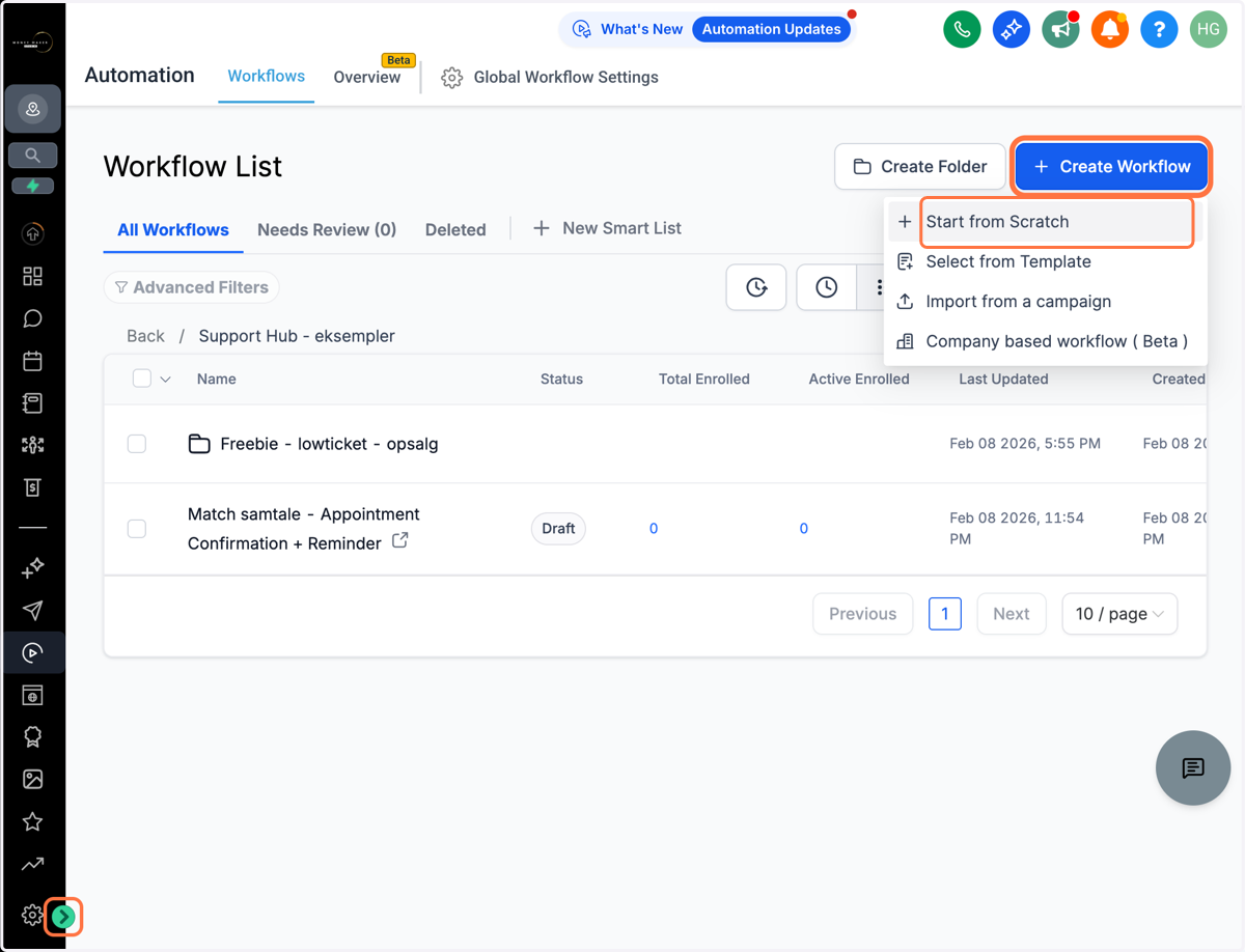 Opret et nyt workflow, klik på "Start from Scratch"