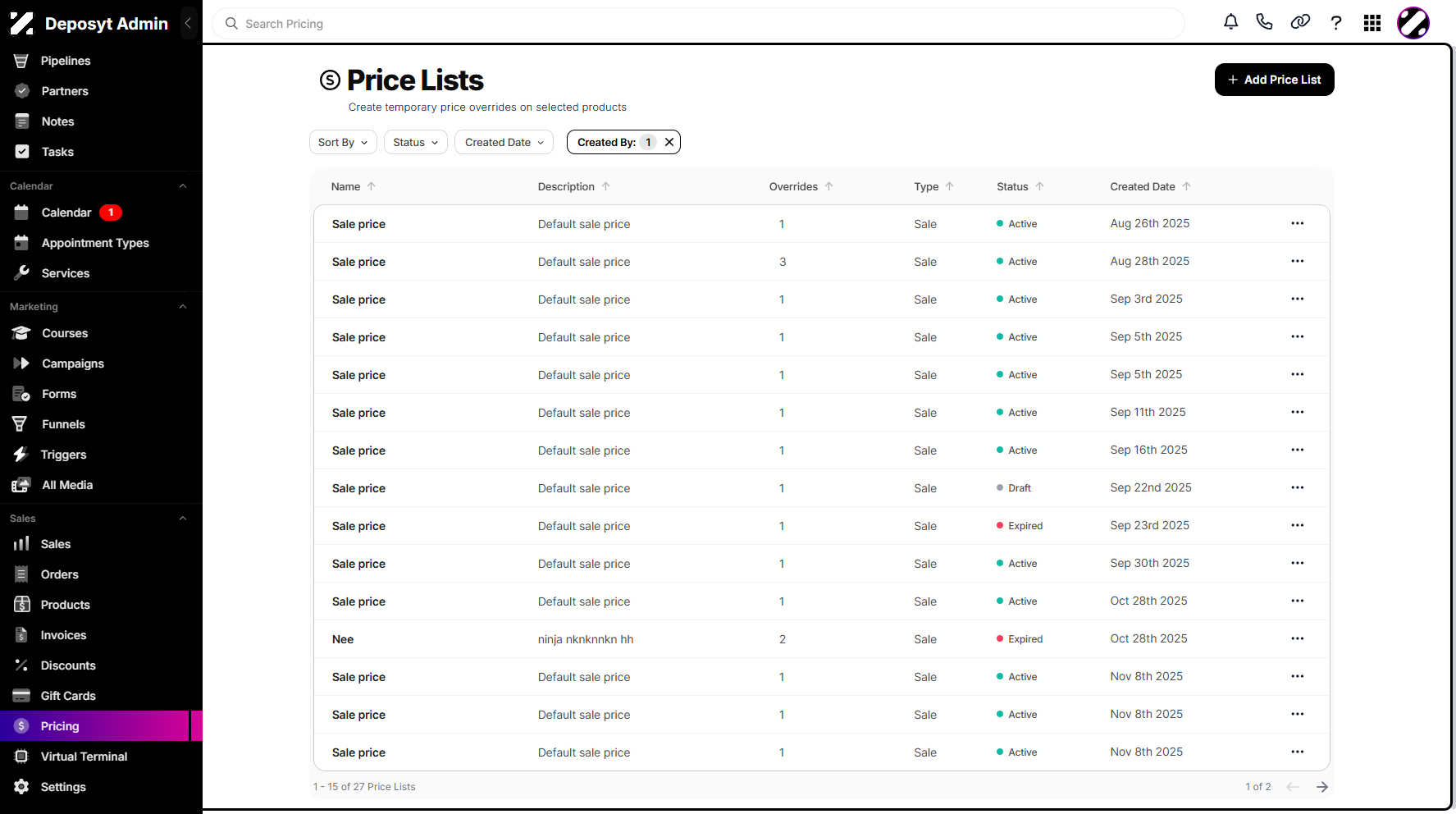 Step 6: You can now view the Price Lists filtered by the selected users.